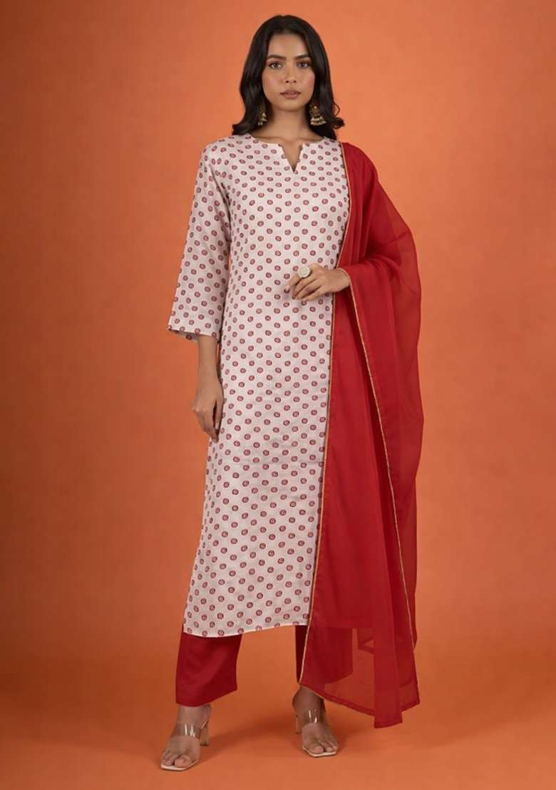 Maroon Printed Georgette Straight Kurta Set - Indya