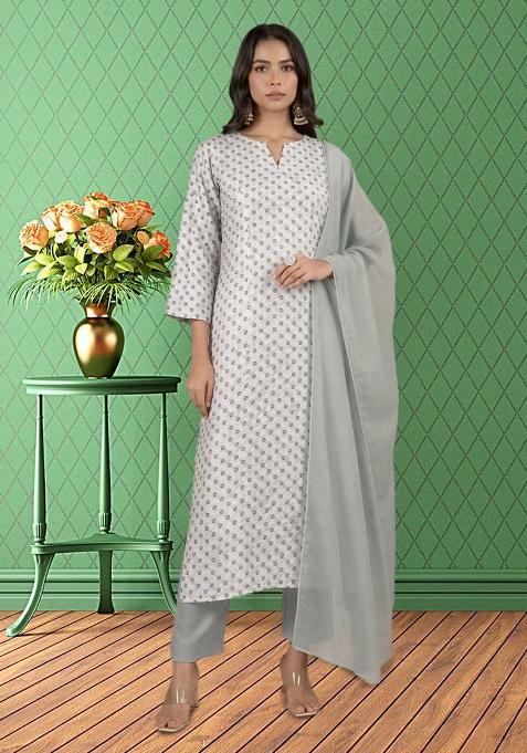 Grey Printed Georgette Straight Kurta Set