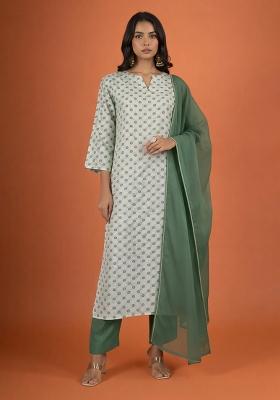 Olive Green Butti Print Georgette Kurta Set