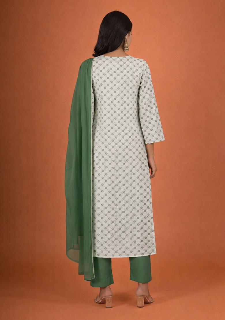 Olive Green Butti Print Georgette Kurta Set - Indya