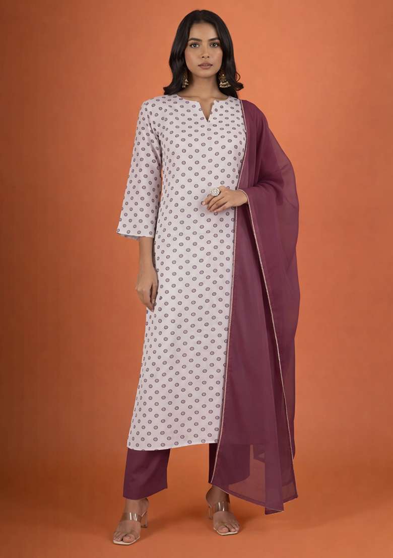 Wine Printed Georgette Straight Kurta Set - Indya