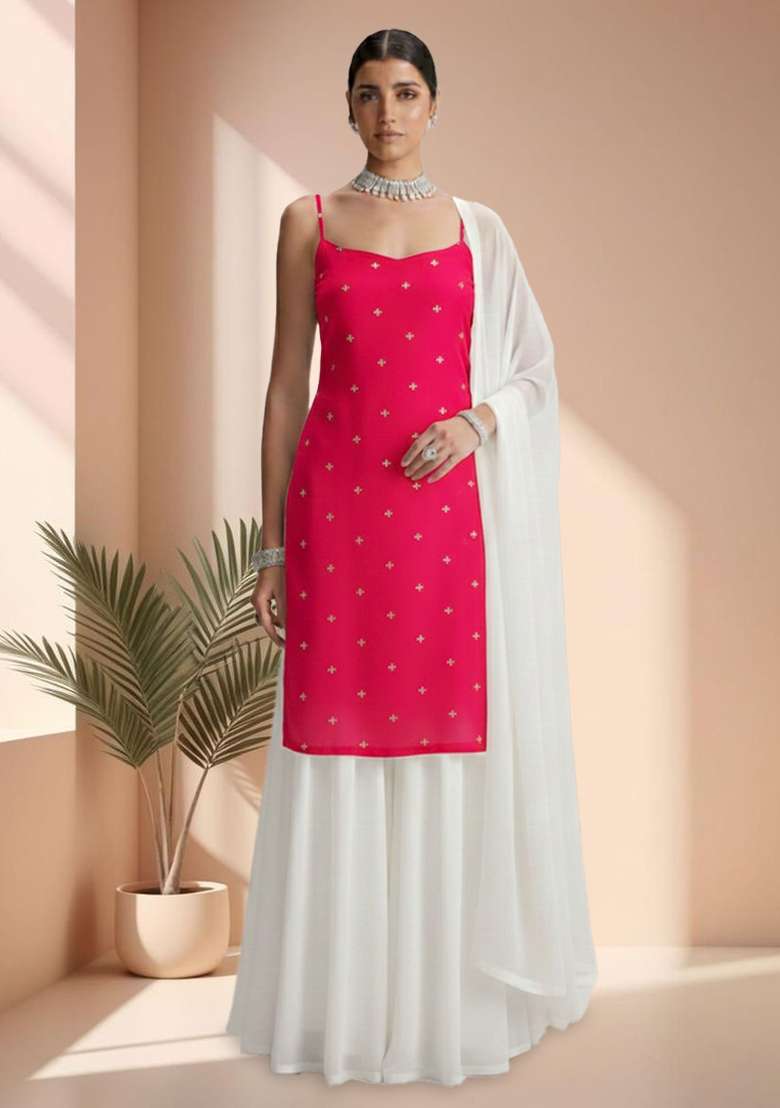 Rani Pink Embroidered Organza Sharara Set - Indya