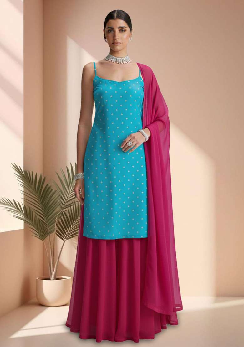 Teal Blue Embroidered Organza Sharara Set - Indya