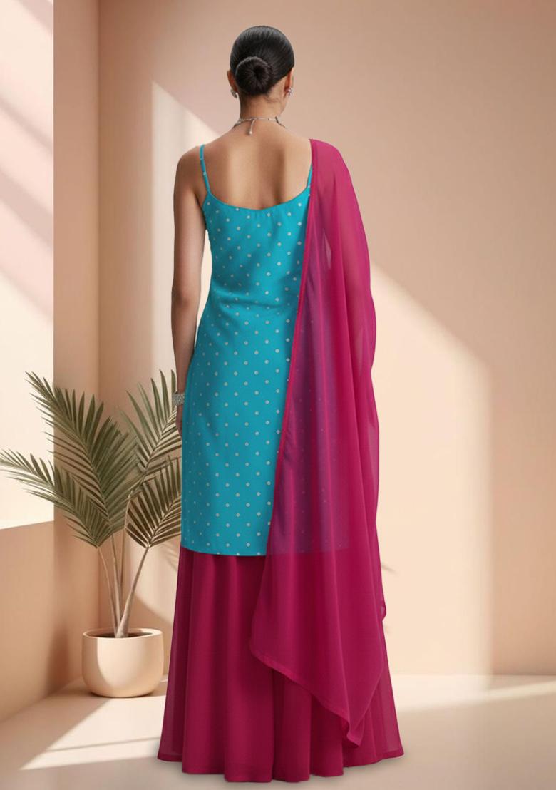 Teal Blue Embroidered Organza Sharara Set - Indya