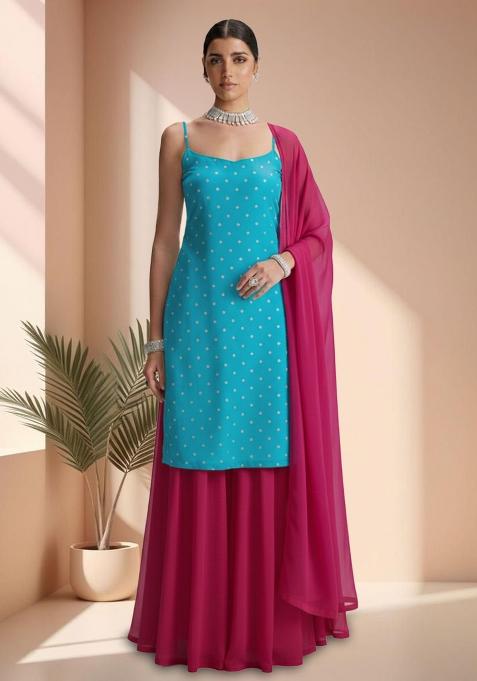 Teal Blue Embroidered Organza Sharara Set
