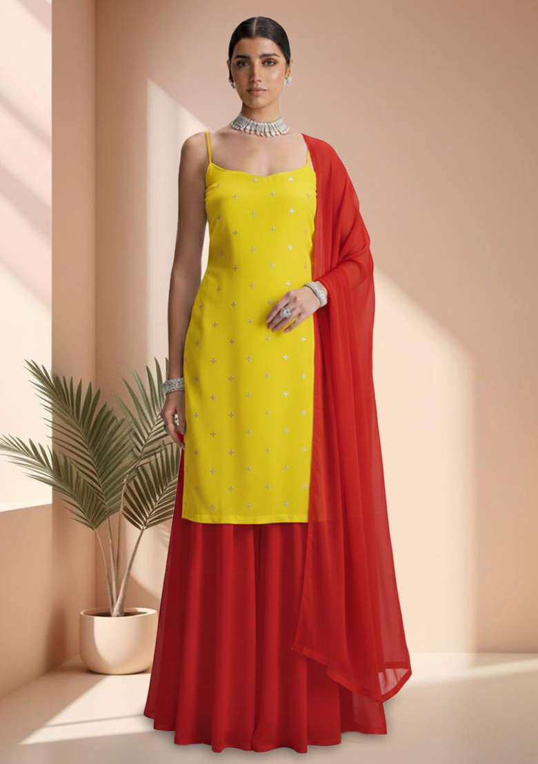 Yellow Embroidered Organza Sharara Set - Indya