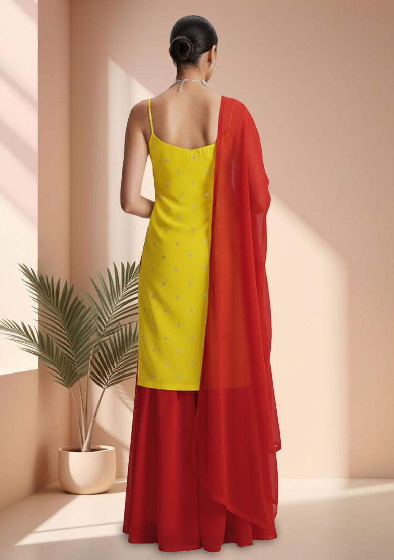Yellow Embroidered Organza Sharara Set - Indya