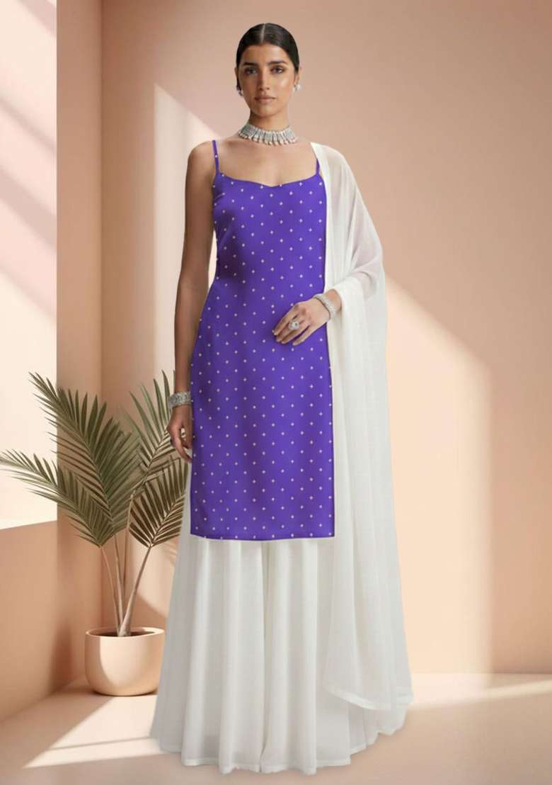 Royal Purple Embroidered Organza Sharara Set - Indya