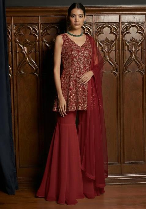 Deep Red Embroidered Tissue Sharara Set