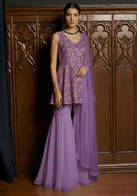 Purple Embroidered Tissue Sharara Set