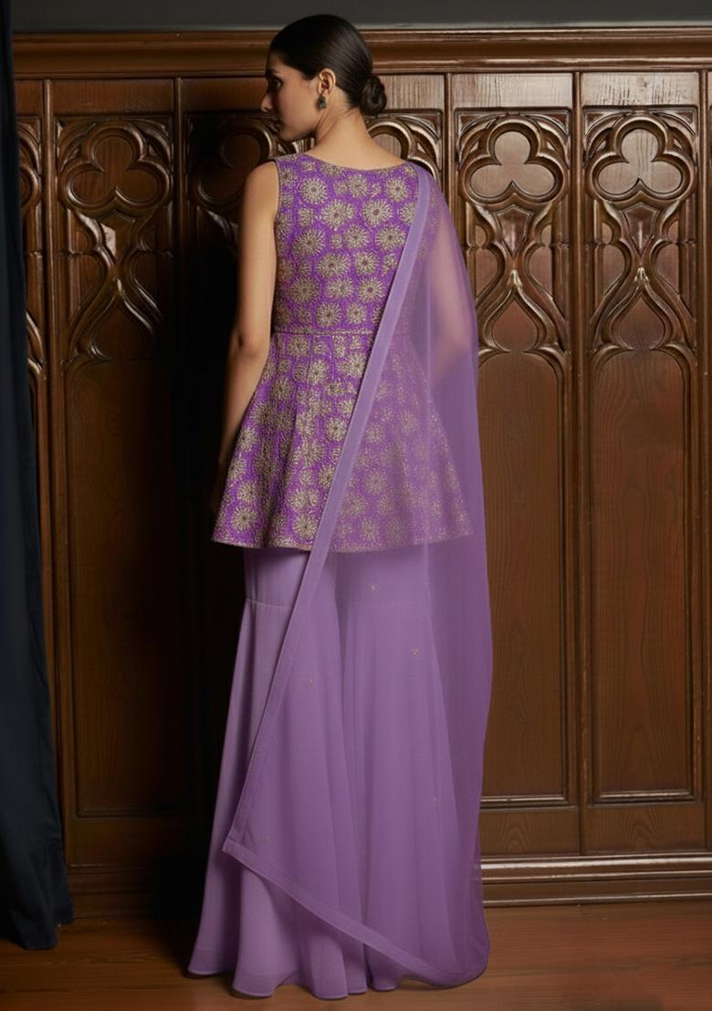 Purple Embroidered Tissue Sharara Set - Indya