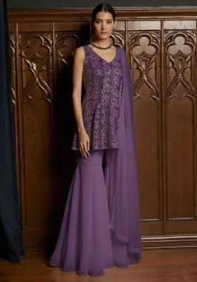 Purple Embroidered Tissue Sharara Set