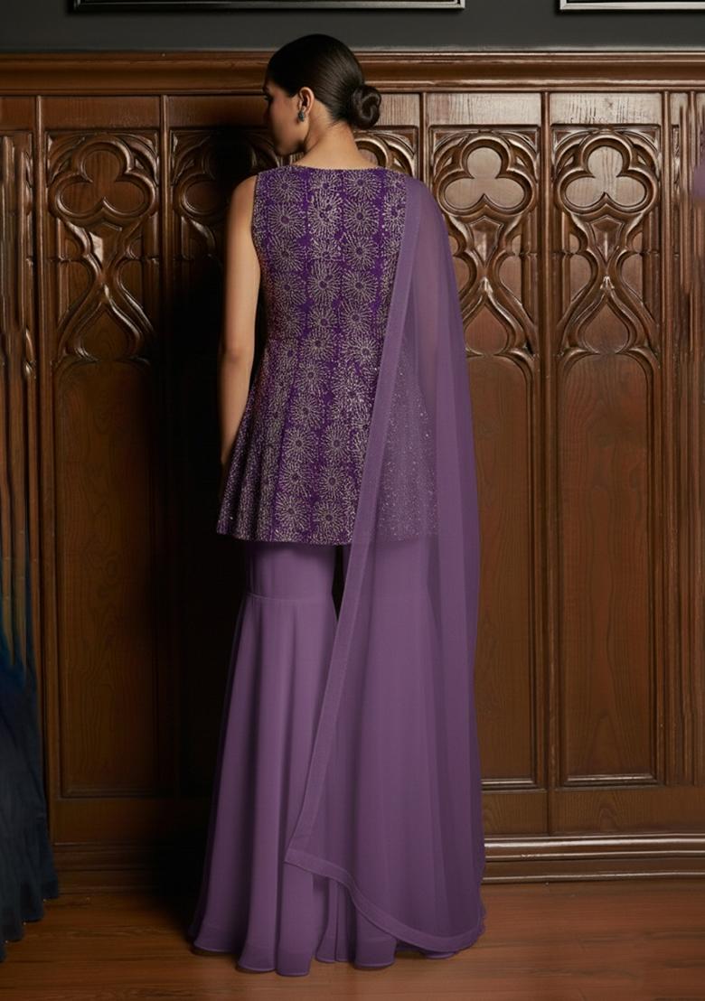 Purple Embroidered Tissue Sharara Set - Indya