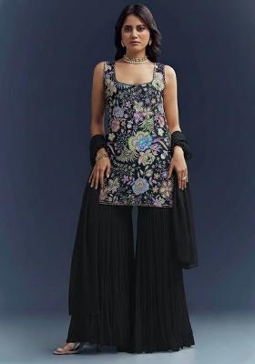 Black Floral Print Chinon Sharara Set