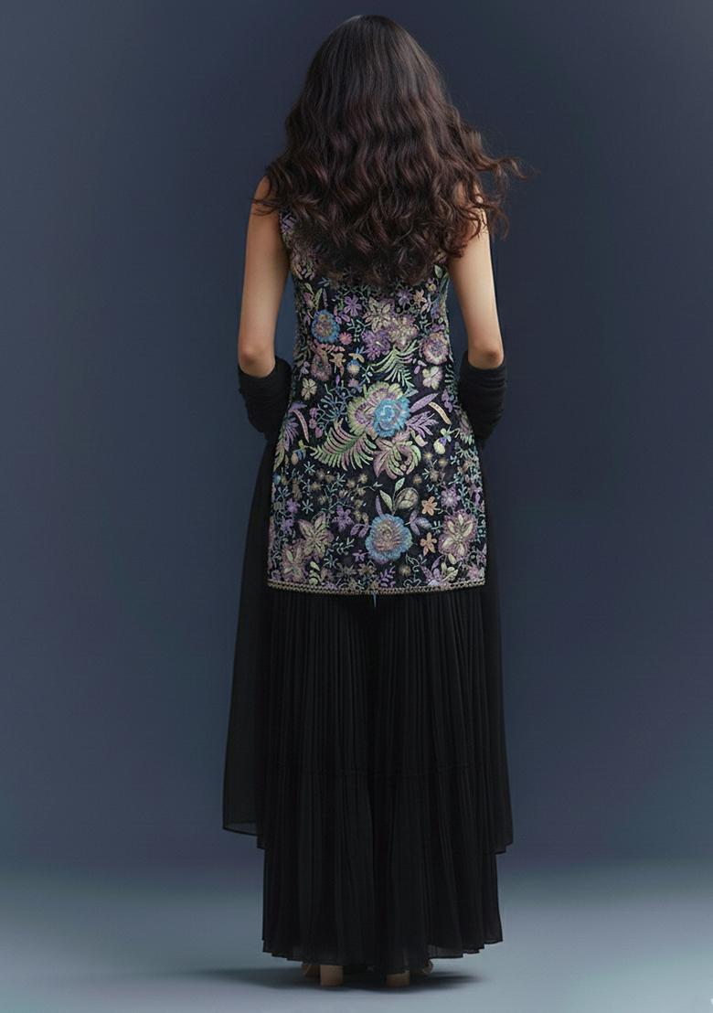 Black Floral Print Chinon Sharara Set - Indya