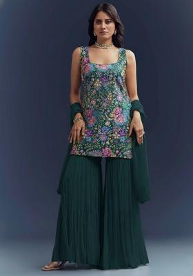 Emerald Green Floral Print Chinon Sharara Set