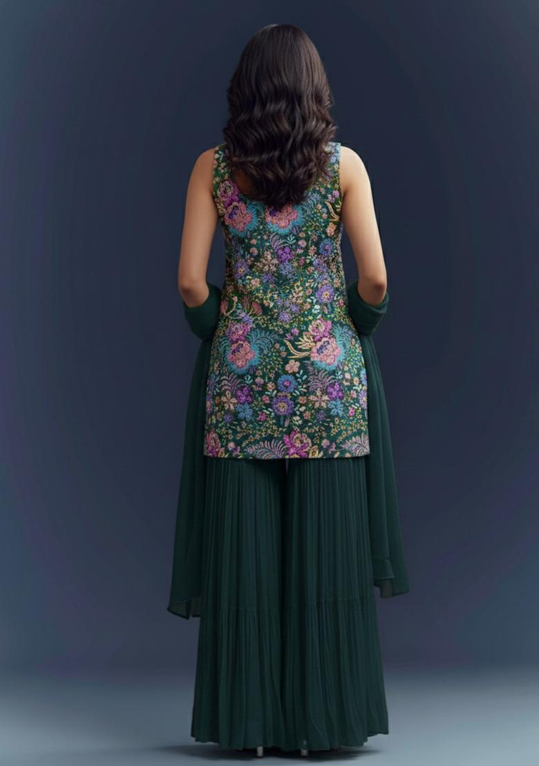 Emerald Green Floral Print Chinon Sharara Set - Indya