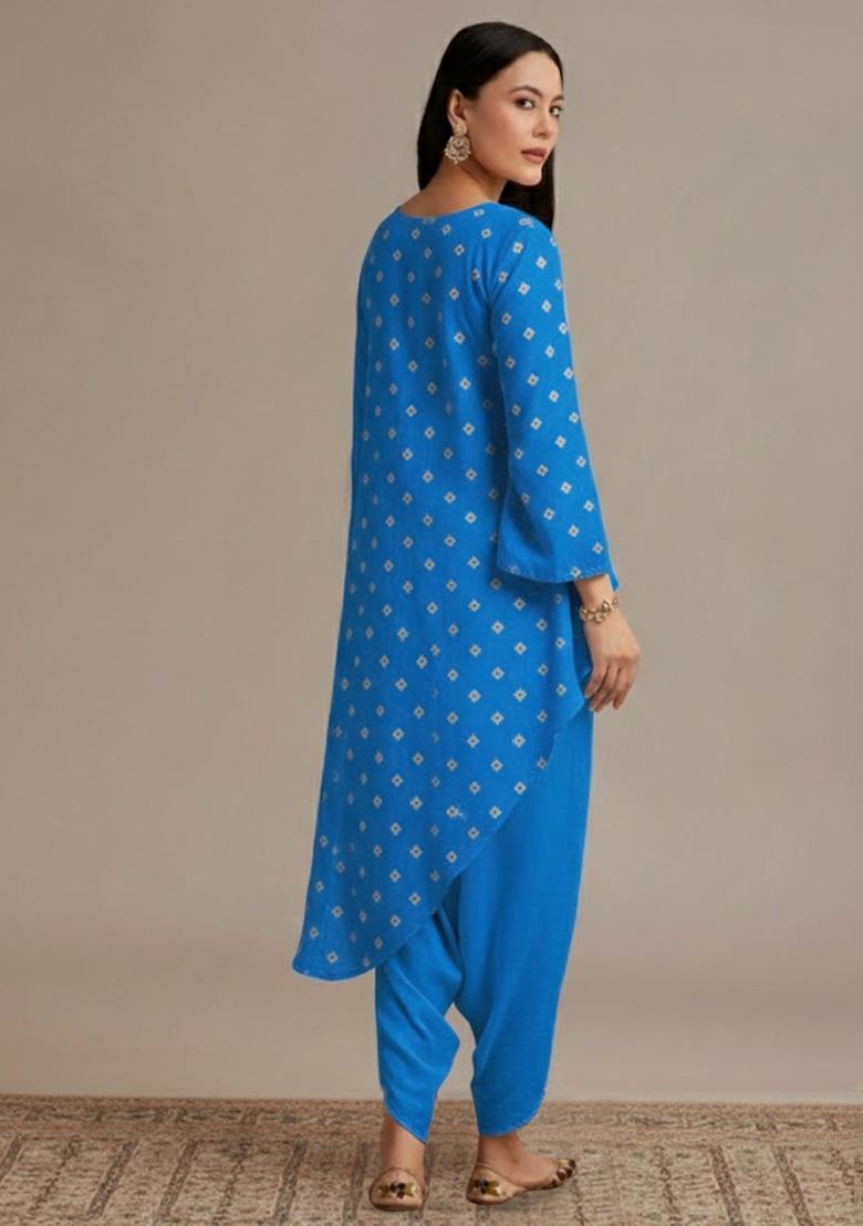 Royal Blue Embroidered Chinon Kurta Set - Indya