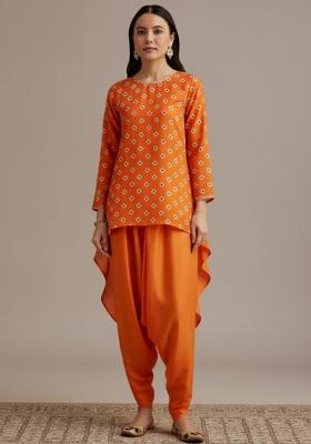 Orange Embroidered Chinon Kurta Set