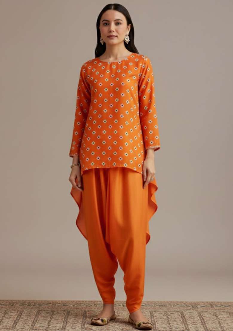 Orange Bandhani Chinon Co Ord Set - Indya