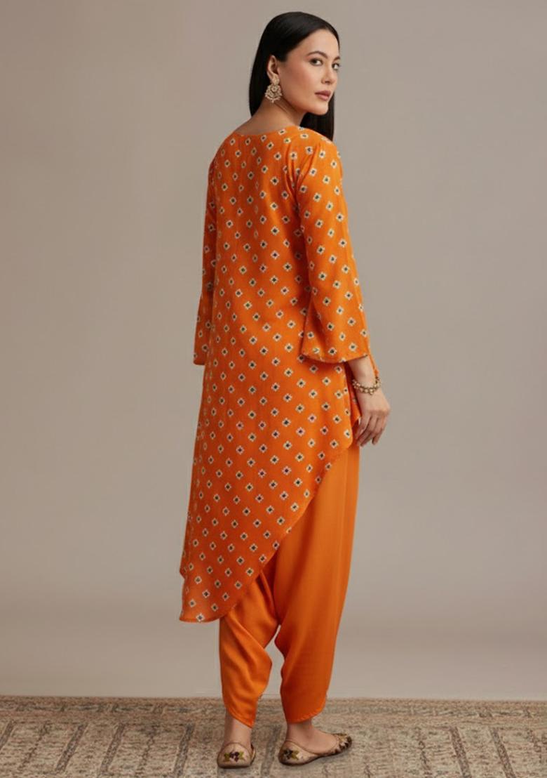 Orange Embroidered Chinon Kurta Set - Indya