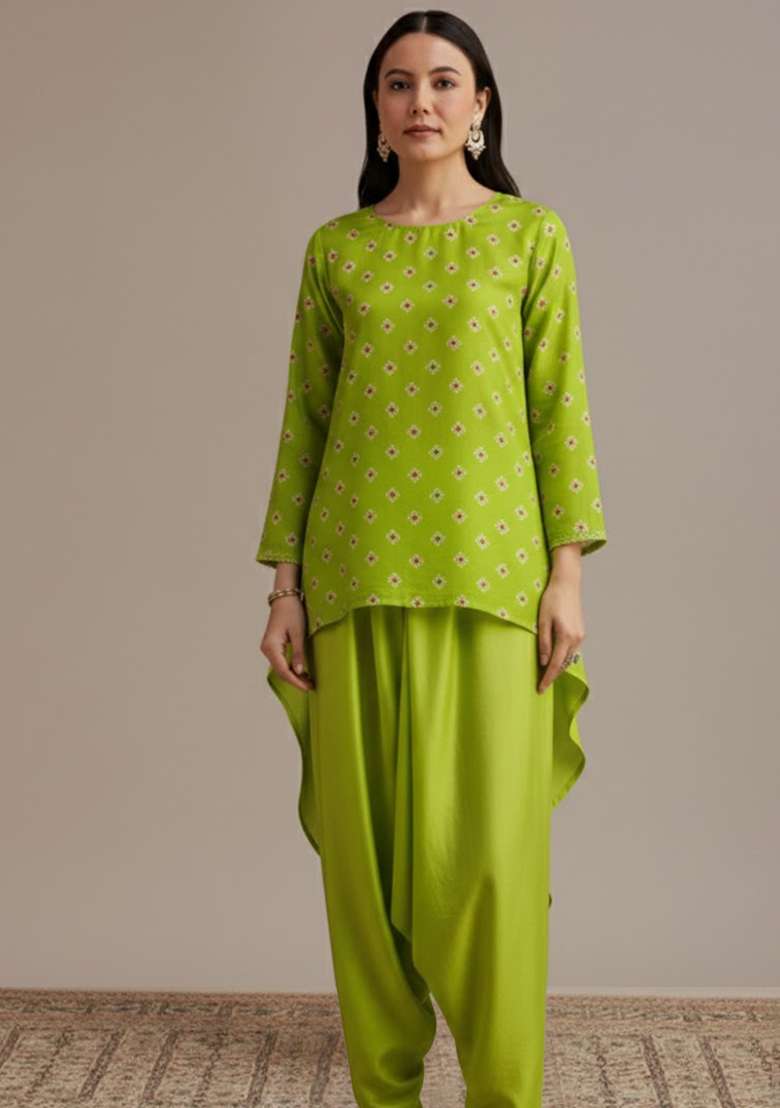 Lime Green Bandhani Chinon Co Ord Set - Indya