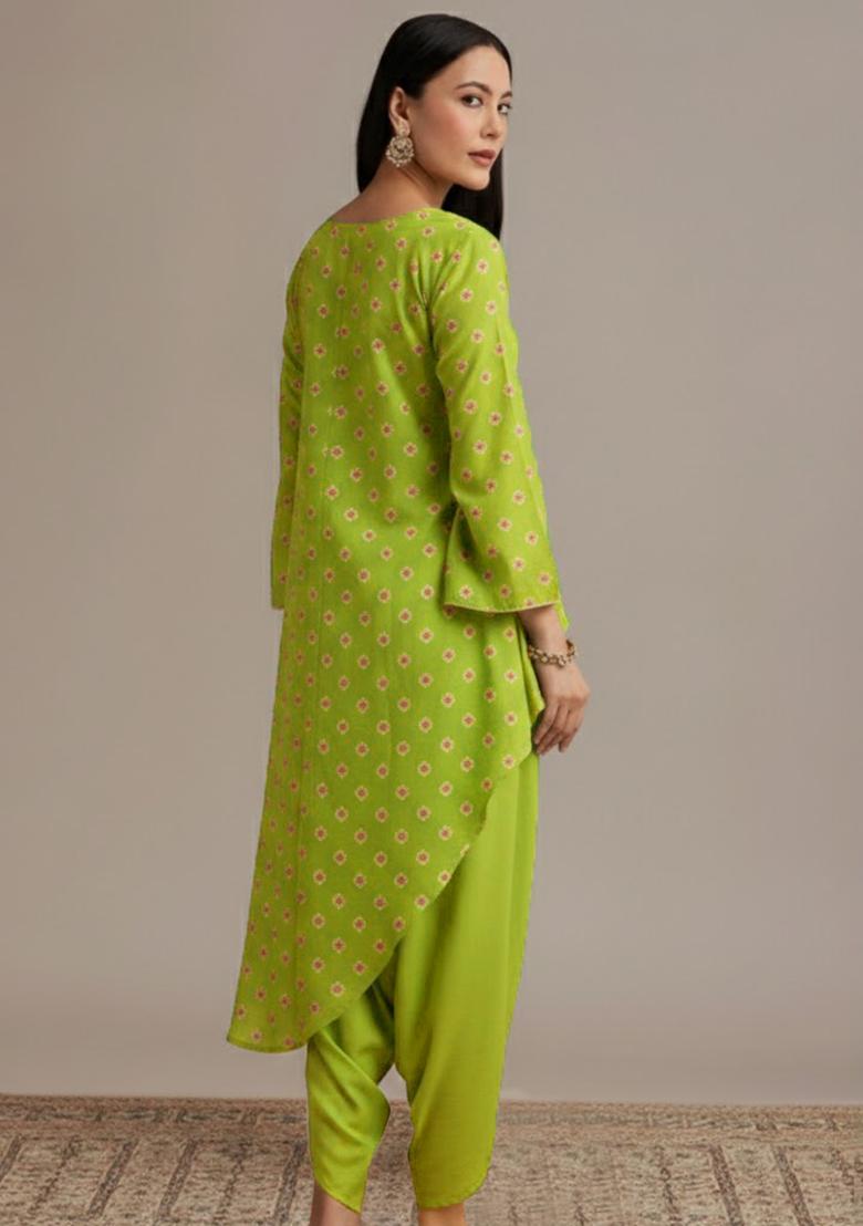Lime Green Embroidered Chinon Kurta Set - Indya