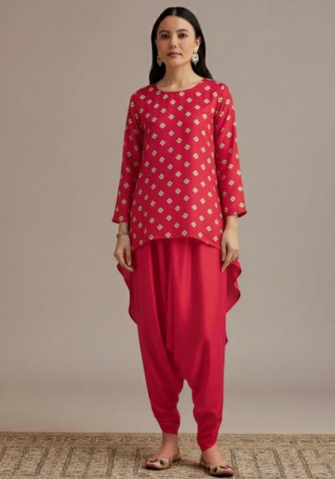 Red Printed Chinon Co Ord Set