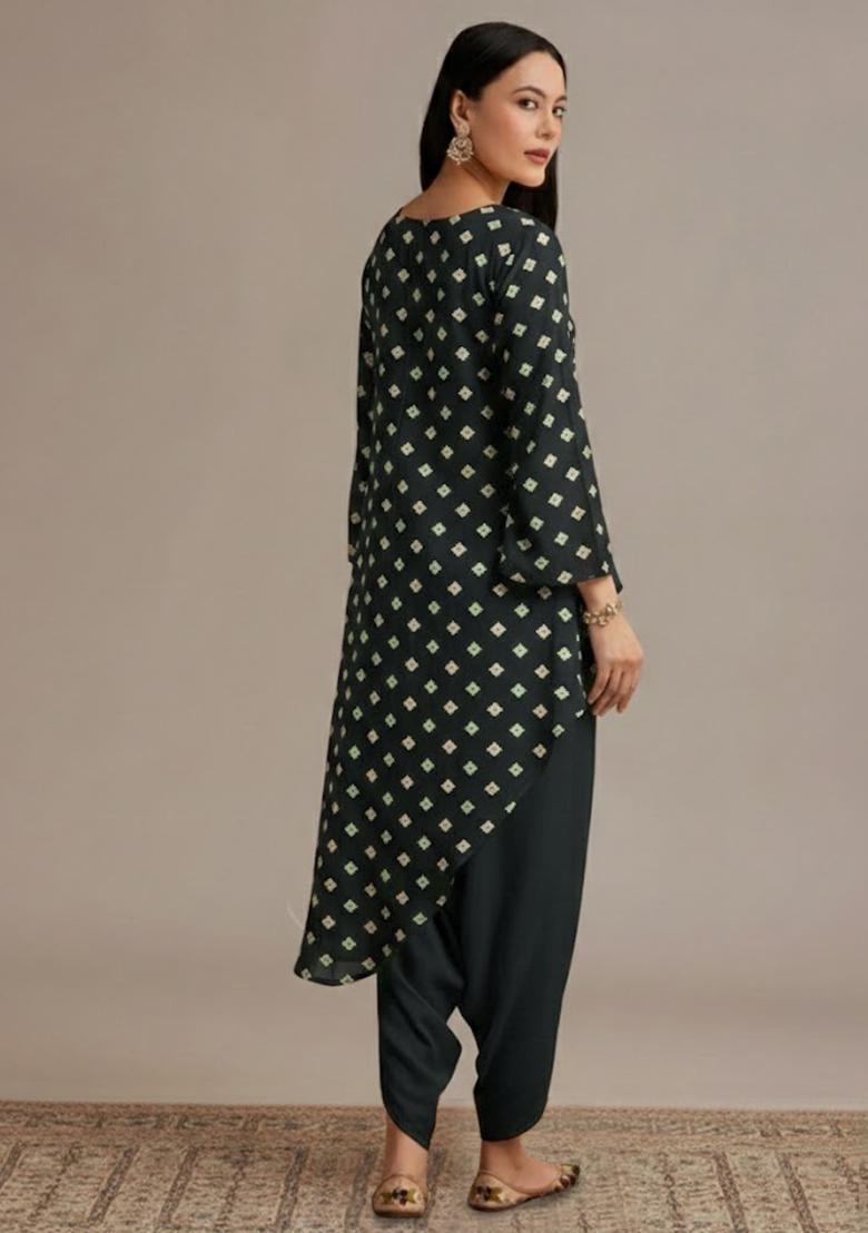 Black Embroidered Chinon Kurta Set - Indya