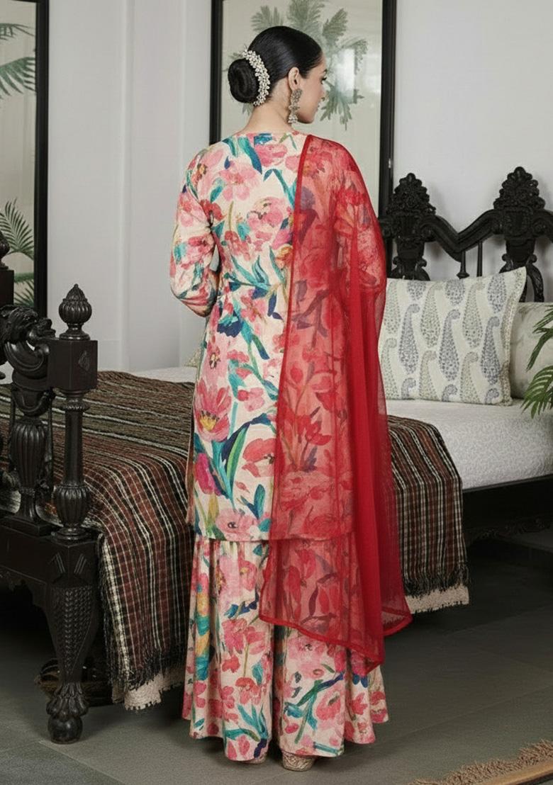 Soft Peach Floral Print Crepe Sharara Set - Indya