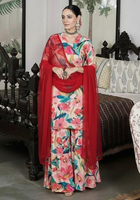 Soft Peach Floral Print Crepe Sharara Set