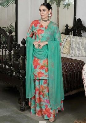 Soft Green Floral Print Crepe Sharara Set