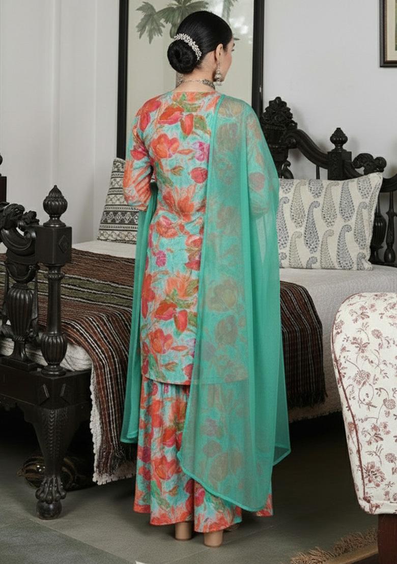 Soft Green Floral Print Crepe Sharara Set - Indya