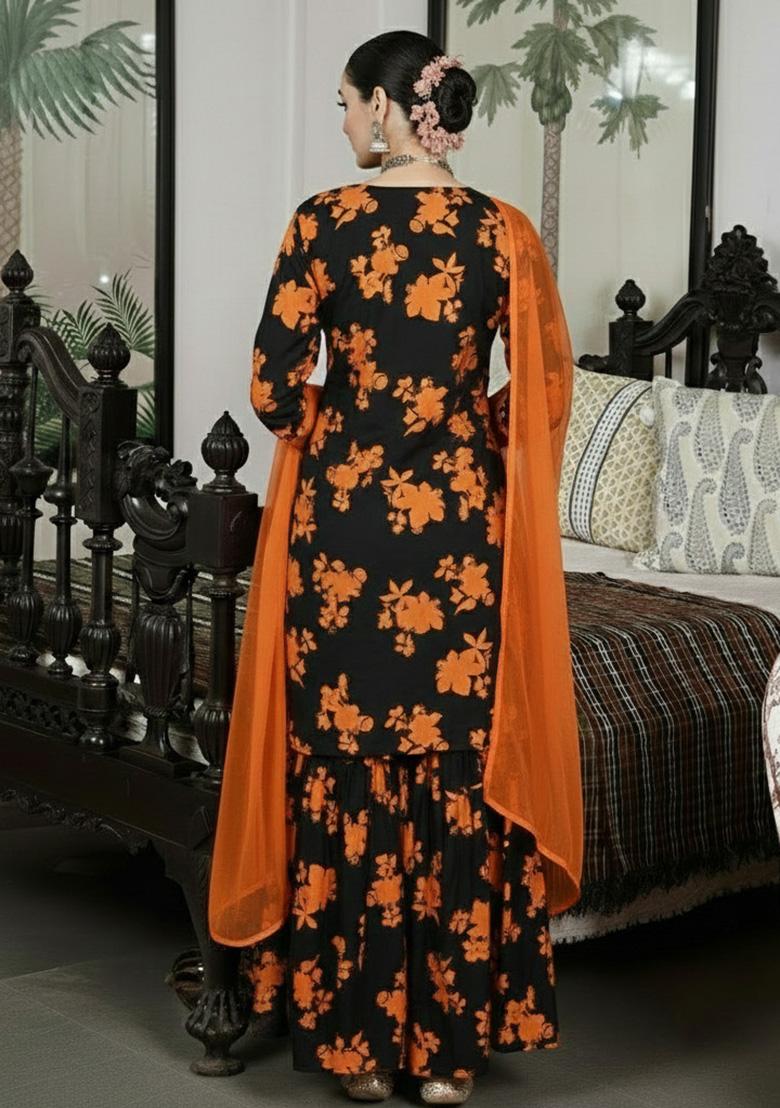 Black Floral Print Crepe Sharara Set - Indya