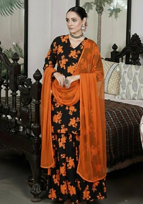 Black Floral Print Crepe Sharara Set