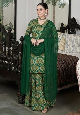 Bottle Green Floral Print Crepe Sharara Set