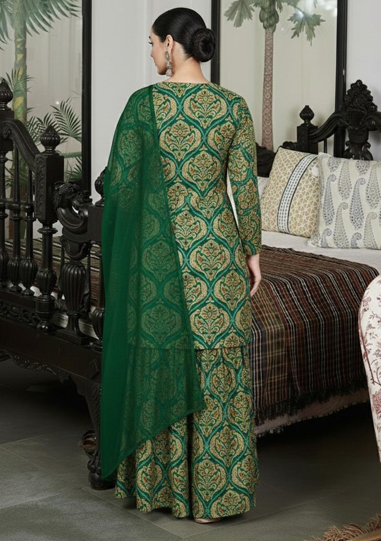 Bottle Green Floral Print Crepe Sharara Set - Indya
