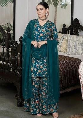 Teal Green Floral Print Crepe Sharara Set