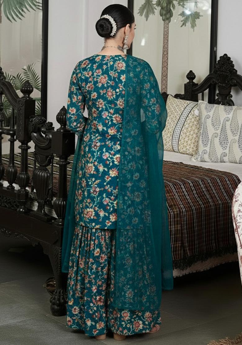 Teal Green Floral Print Crepe Sharara Set - Indya
