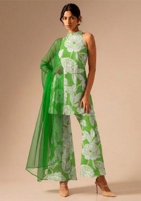 Leaf Green Floral Print Crepe Kurta Set