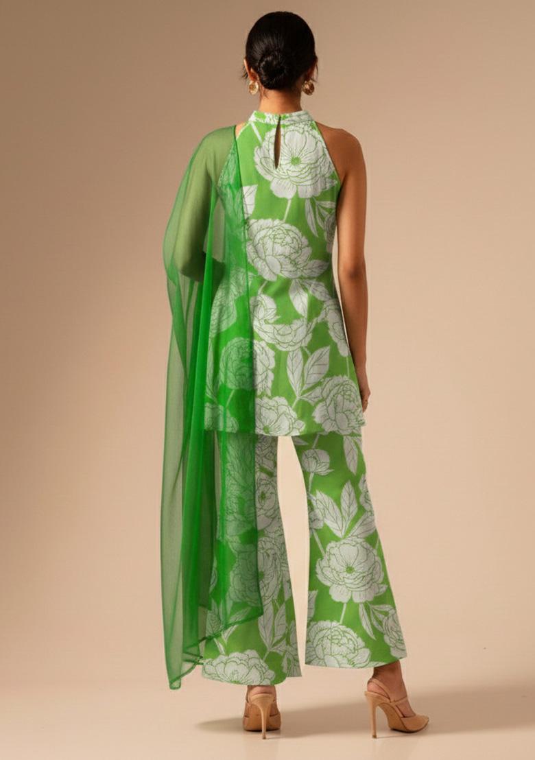 Leaf Green Floral Print Crepe Kurta Set - Indya