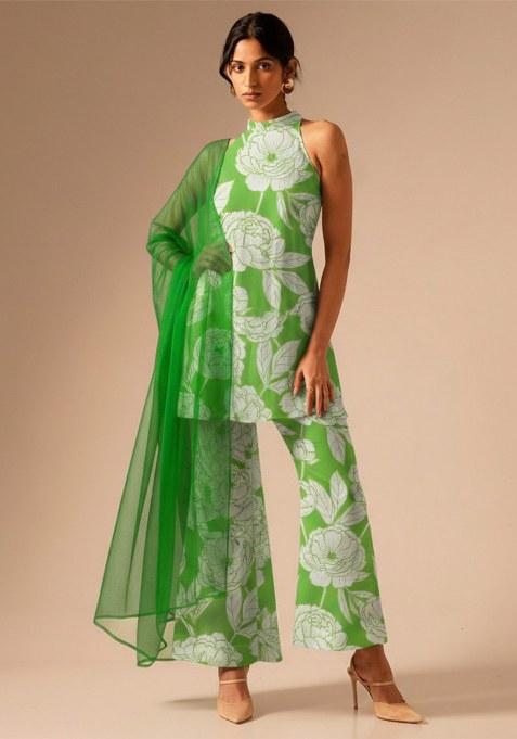 Leaf Green Floral Print Crepe Kurta Set