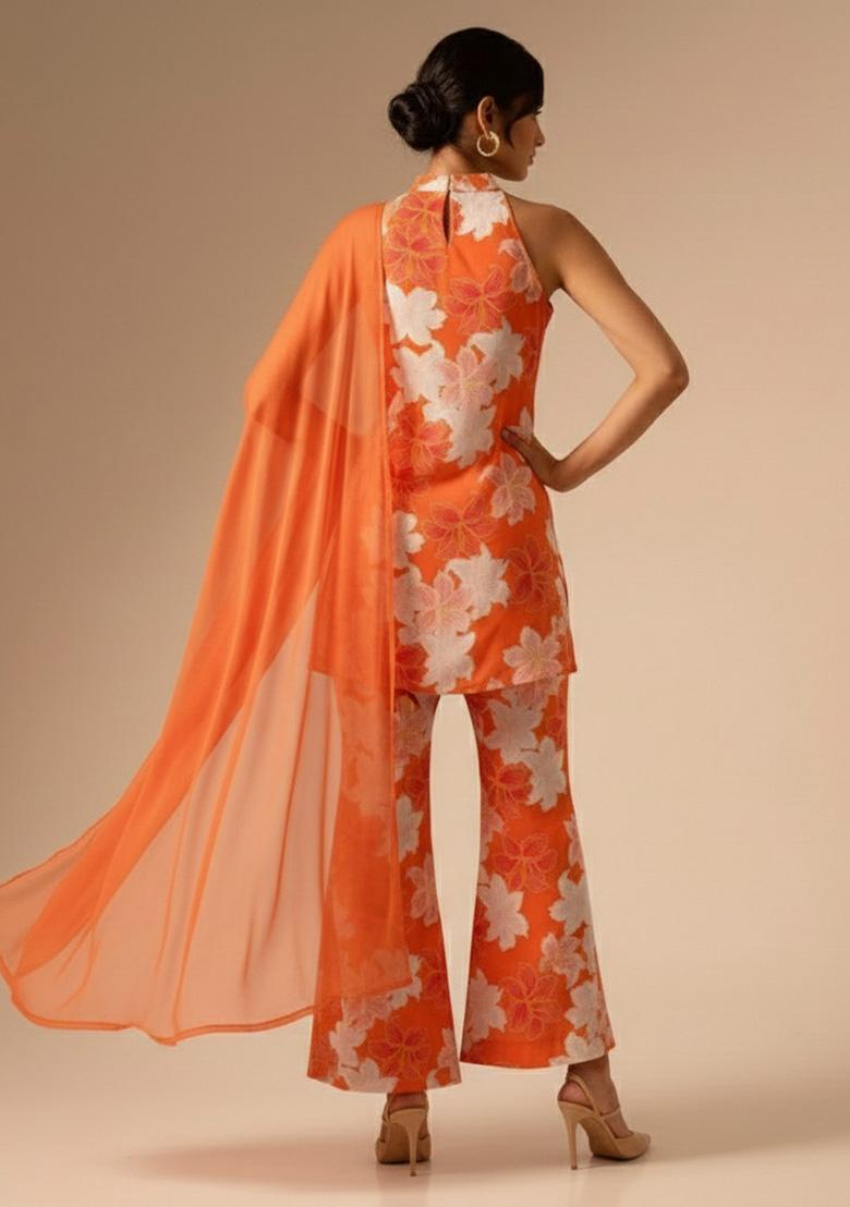 Orange Floral Print Crepe Kurta Set - Indya