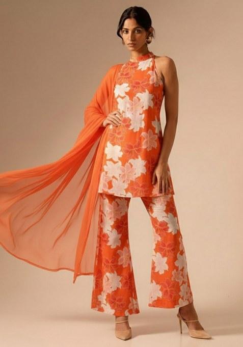 Orange Floral Print Crepe Kurta Set