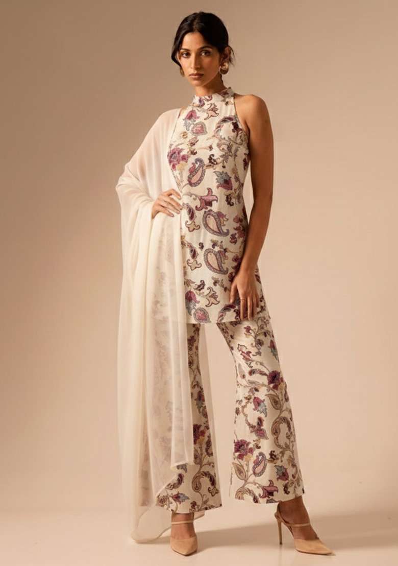 Cream Printed Crepe Co Ord Set - Indya