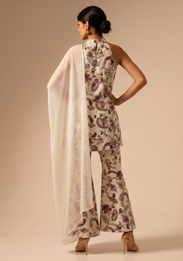 Cream Floral Print Crepe Kurta Set - Indya