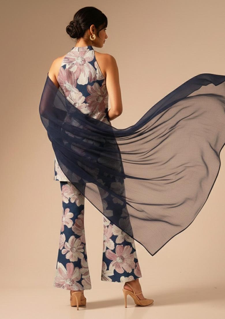 Navy Blue Floral Print Crepe Kurta Set - Indya