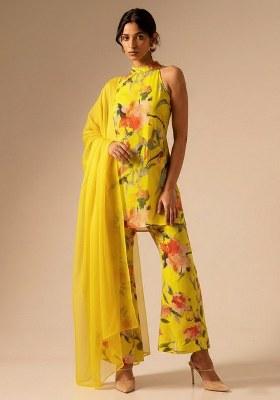 Yellow Floral Print Crepe Kurta Set