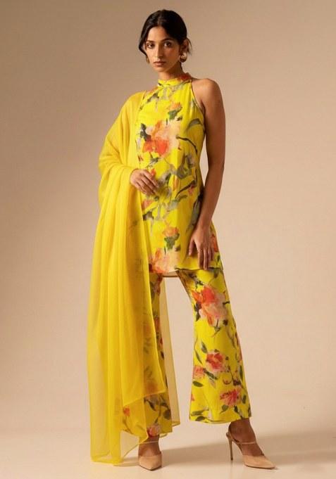 Yellow Floral Print Crepe Kurta Set