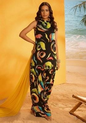 Black Floral Print Crepe Kurta Set